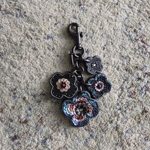 Coach Sequins Tea Rose Leather Bag Charm Keychain Charm With Gunmetal Hardware